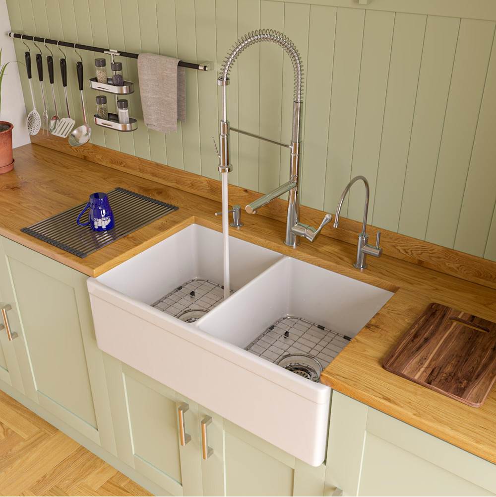 Alfi Trade White 32'' Decorative Lip Apron Double Bowl Fireclay Farmhouse Kitchen Sink