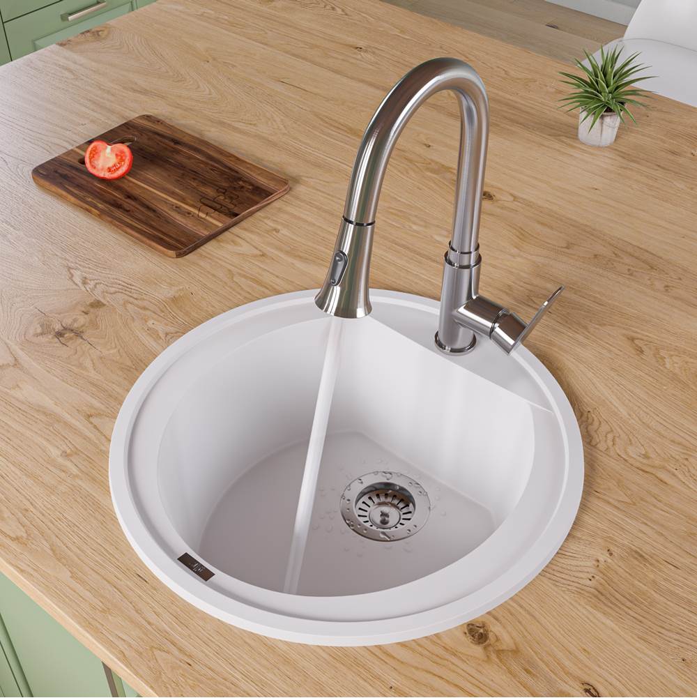 Alfi Trade White 20'' Drop-In Round Granite Composite Kitchen Prep Sink