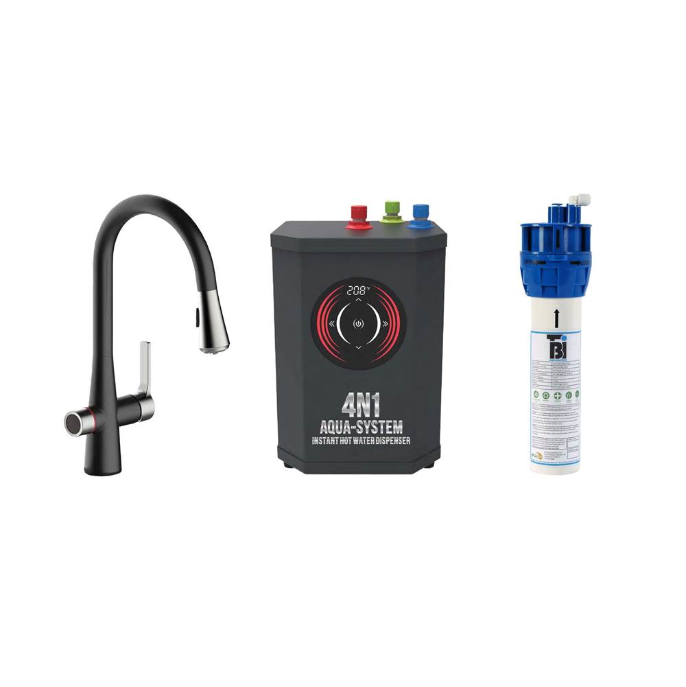 AquaNuTech 4N1 Transitional Pull-Down Spray Faucet-MB/CH/Digital Instant Hot Water Dispenser/Filtration System/Leak Detector System