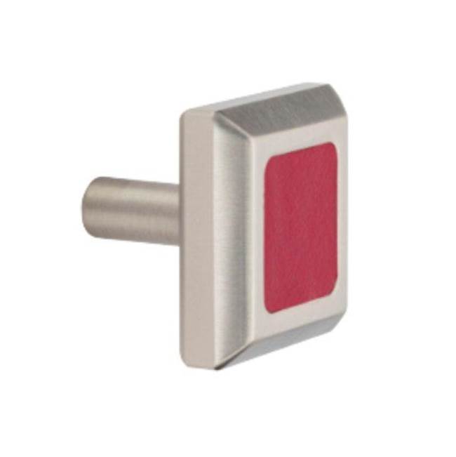 Colonial Bronze Leather Accented Square, Beveled Cabinet Knob With Straight Post, Satin Chrome x Pinseal Brushed Steel Leather