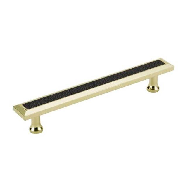 Colonial Bronze Leather Accented Rectangular, Beveled Cabinet Pull With Flared Posts, Matte Satin Brass x Shagreen Gris Ligero Leather