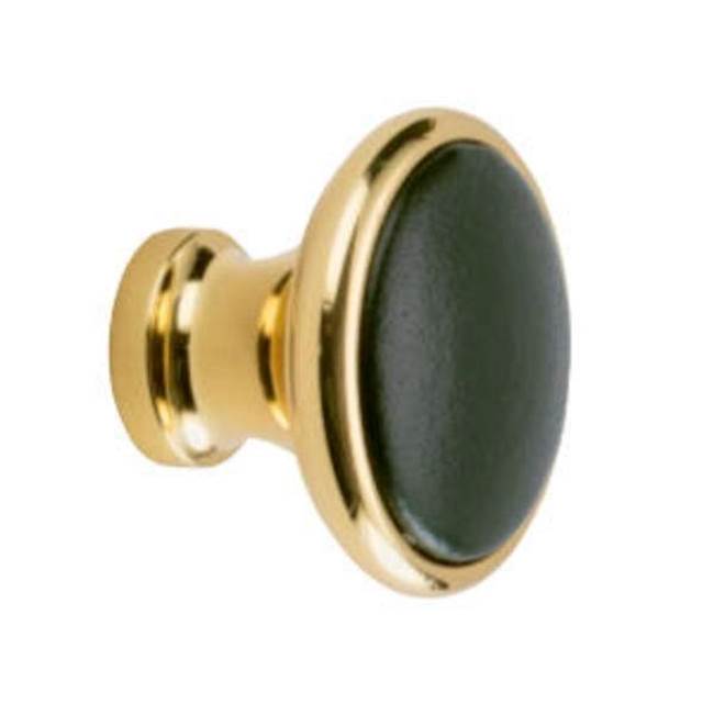 Colonial Bronze Leather Accented Round Cabinet Knob, Frost Brass x Pinseal Pitch Brown Leather