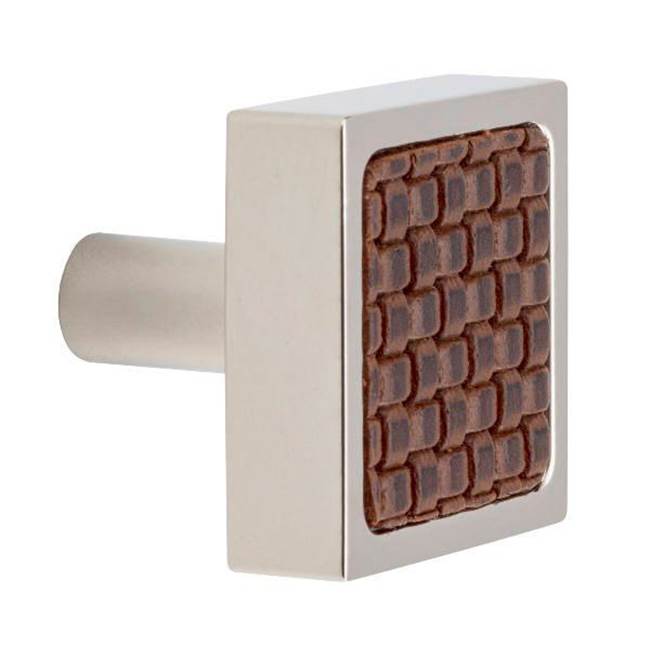 Colonial Bronze Leather Accented Square Cabinet Knob With Straight Post, Frost Nickel x Luv-A-Bull Darkest Blue Leather