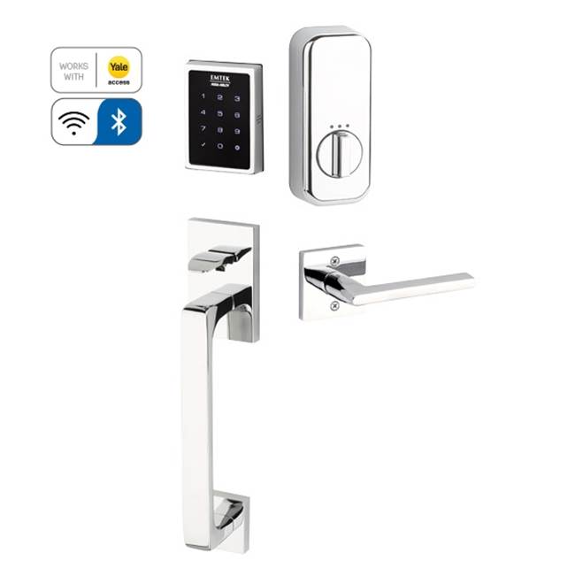 Emtek Electronic EMPowered Motorized Touchscreen Keypad Smart Lock Entry Set with Baden Grip - works with Yale Access, Wembley Lever, LH, US26