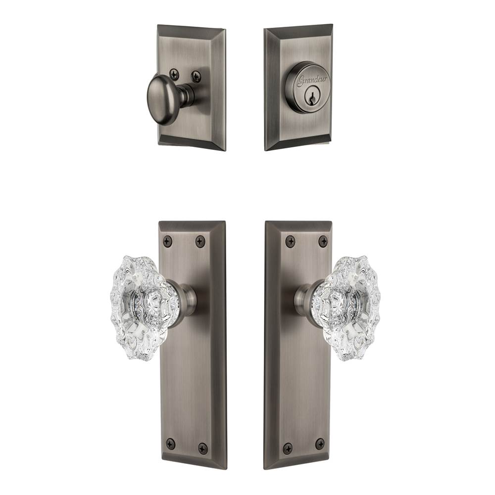 Grandeur Hardware Grandeur Fifth Avenue Plate with Biarritz Crystal Knob and matching Deadbolt in Antique Pewter