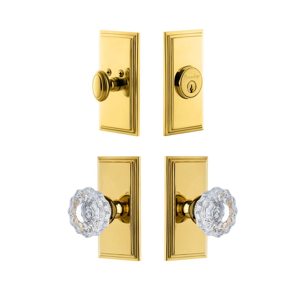 Grandeur Hardware Grandeur Carre Plate with Versailles Crystal Knob and matching Deadbolt in Lifetime Brass