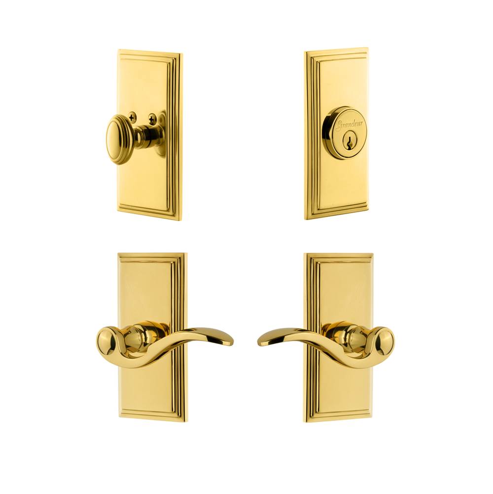 Grandeur Hardware Grandeur Carre Plate with Bellagio Lever and matching Deadbolt in Lifetime Brass