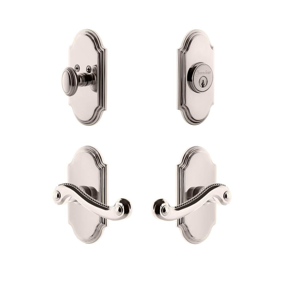 Grandeur Hardware Grandeur Arc Plate with Newport Lever and matching Deadbolt in Polished Nickel