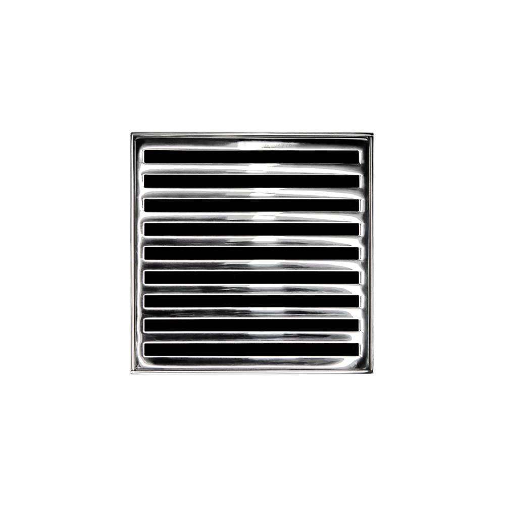 Infinity Drain 4'' x 4'' NDB 4 Complete Kit with Lines Pattern Decorative Plate in Polished Stainless with ABS Bonded Flange Drain Body, 2'', 3'' and 4'' Outlet