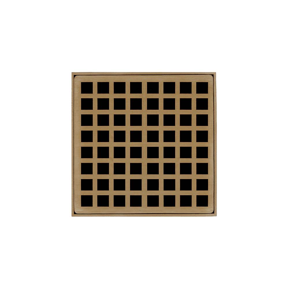 Infinity Drain 5'' x 5'' QD 5 Complete Kit with Squares Pattern Decorative Plate in Satin Bronze with Cast Iron Drain Body, 2'' Outlet