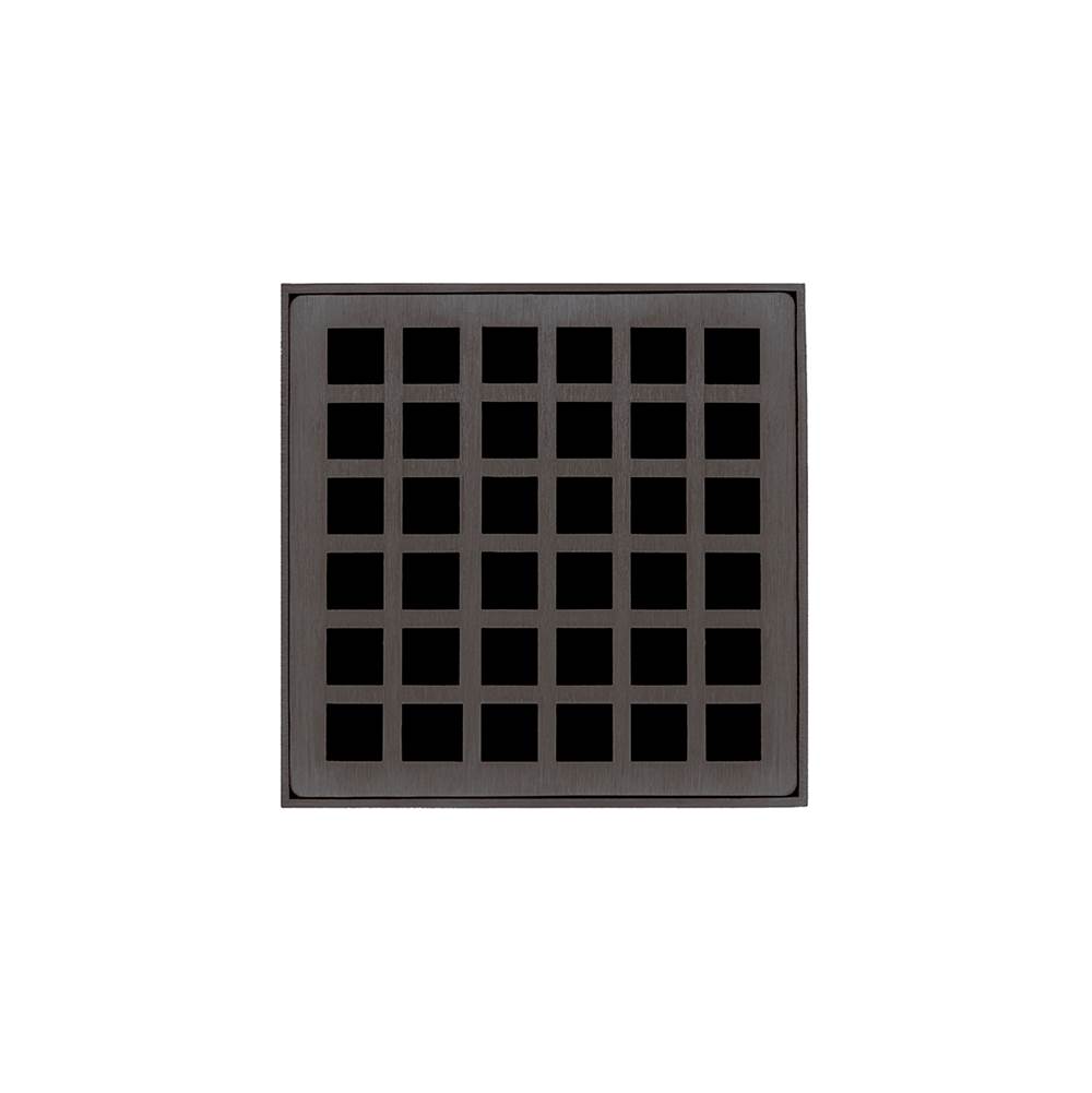 Infinity Drain 4'' x 4'' QDB 4 Complete Kit with Squares Pattern Decorative Plate in Oil Rubbed Bronze with PVC Bonded Flange Drain Body, 2'', 3'' and 4'' Outlet