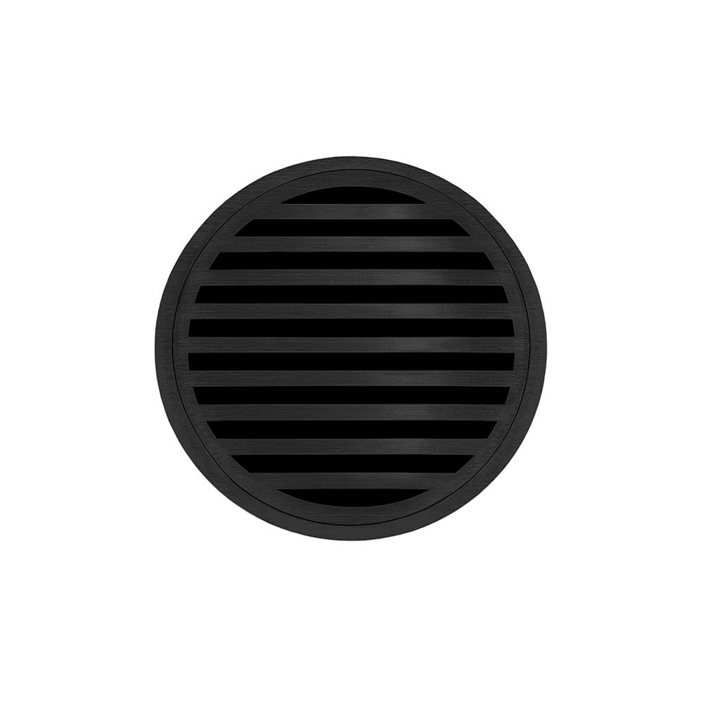 Infinity Drain 5'' Round RND 5 Complete Kit with Lines Pattern Decorative Plate in Matte Black with Cast Iron Drain Body, 2'' Outlet