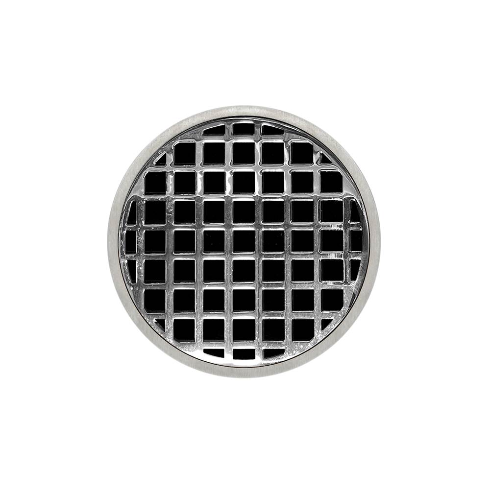 Infinity Drain 5'' Round RQDB 5 Complete Kit with Squares Pattern Decorative Plate in Polished Stainless with PVC Bonded Flange Drain Body, 2'', 3'' and 4'' Outlet