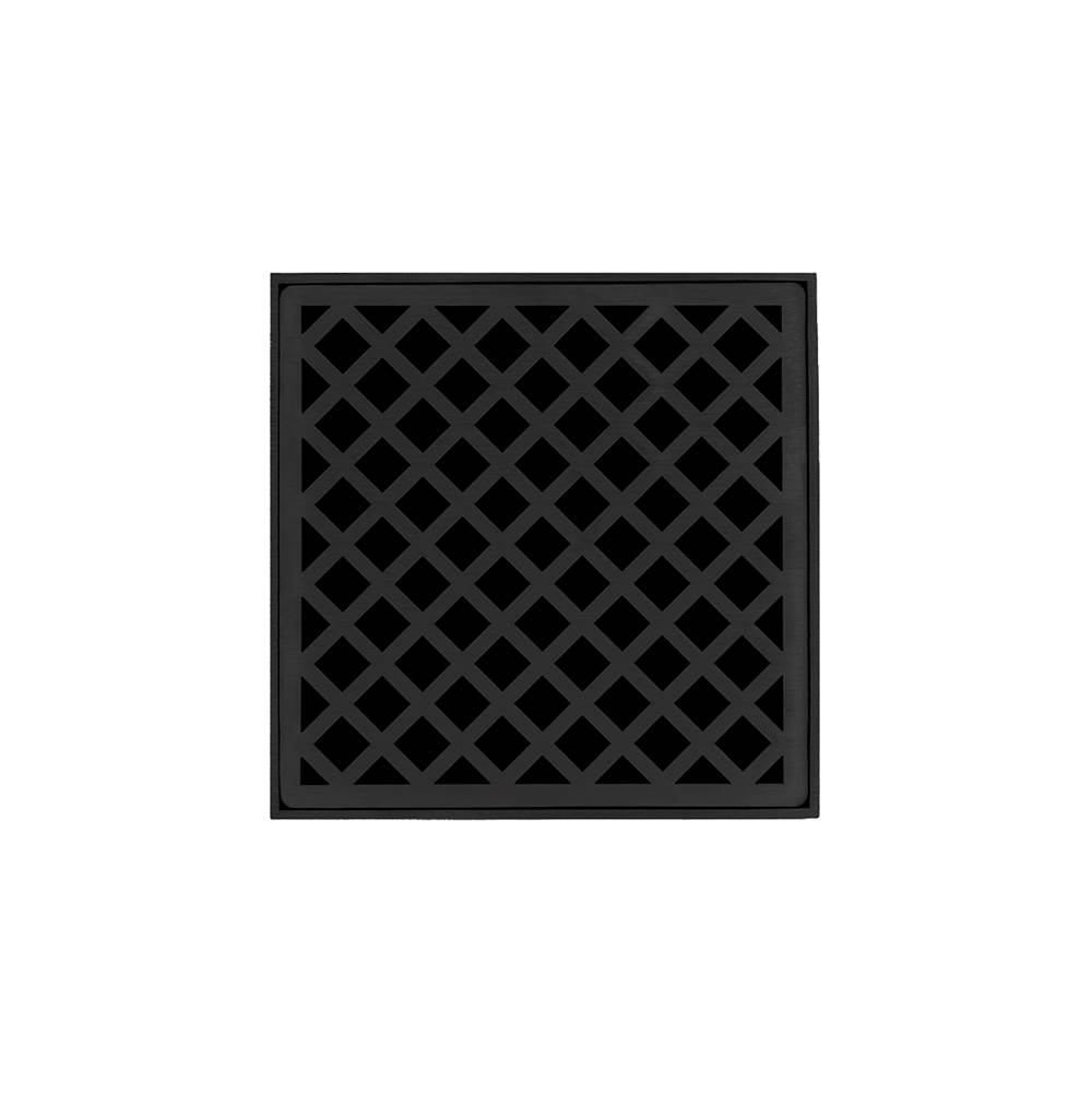 Infinity Drain 5'' x 5'' XDB 5 Complete Kit with Criss-Cross Pattern Decorative Plate in Matte Black with Stainless Steel Bonded Flange Drain Body, 2'' No Hub Outlet