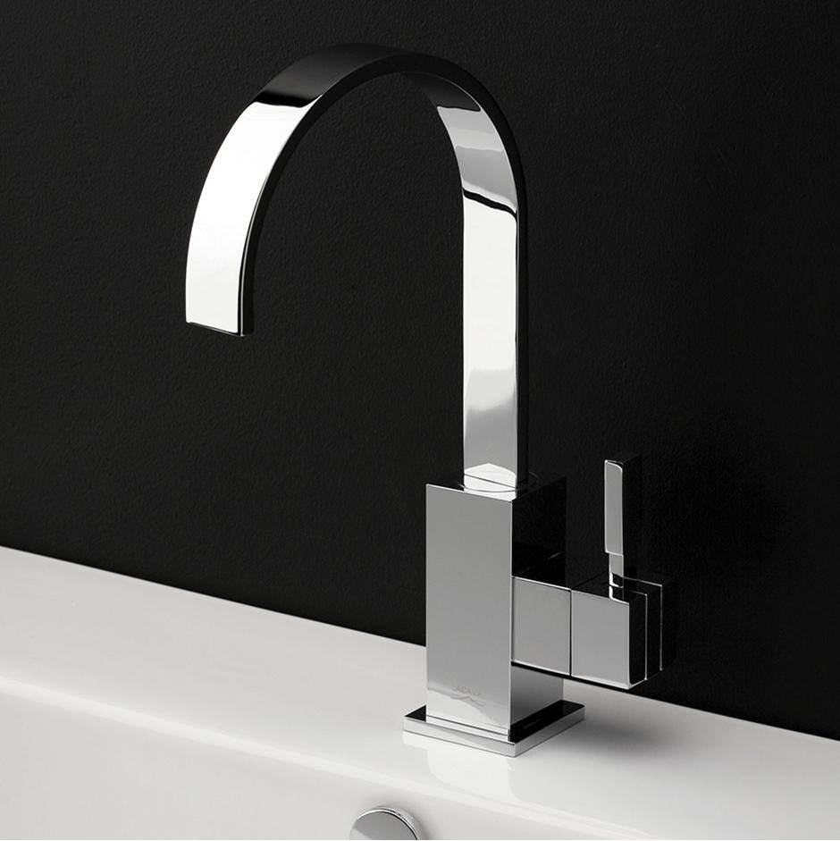 Lacava Deck-mount single-hole faucet with an arch spout featuring natural water flow, one lever handle and pop-up.