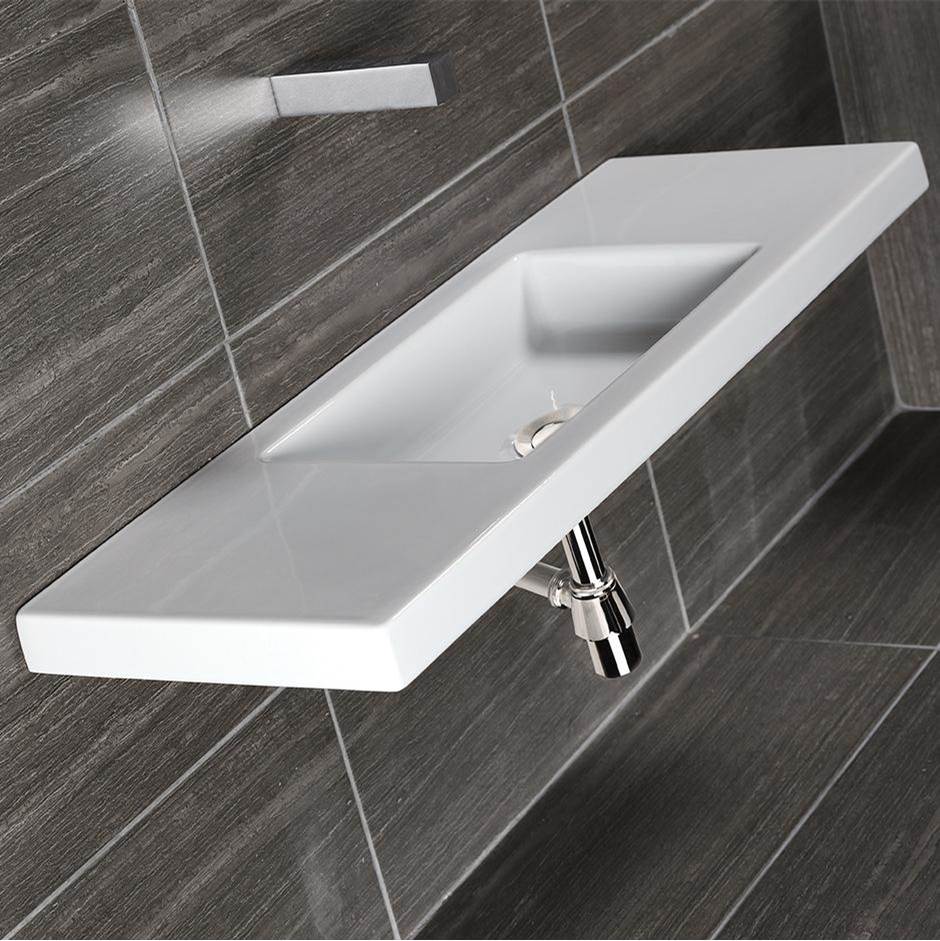 Lacava Wall-mount, vanity top or self-rimming porcelain Bathroom Sink with an overflow. No faucet holes. W: 39 1/2'', D: 13 3/4'', H: 5 1/2''.