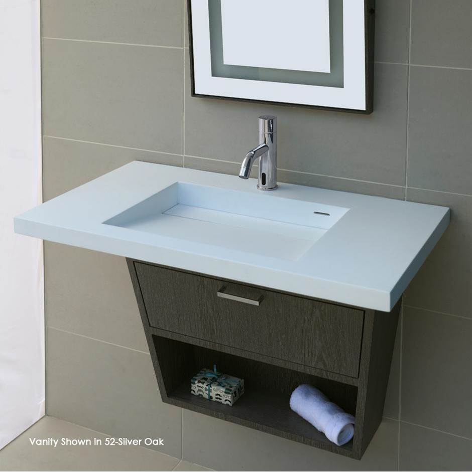 Lacava Wall-mount or vanity-top Bathroom Sink made of solid surface with an overflow and decorative drain cover.