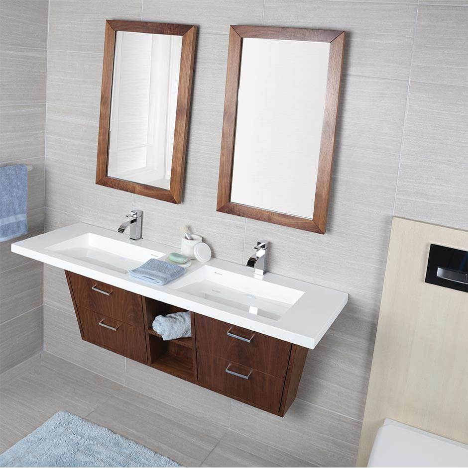 Lacava Wall-mount or vanity-top double Bathroom Sink made of solid surface with an overflow and decorative drain cover.