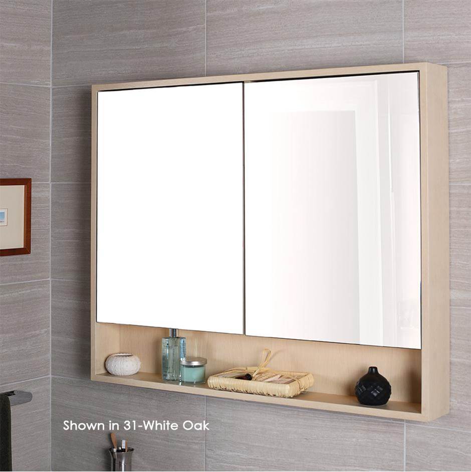 Lacava Surface-mount medicine cabinet with two mirrored doors, two adjustable glass shelves in each section and LED lights in cubby.