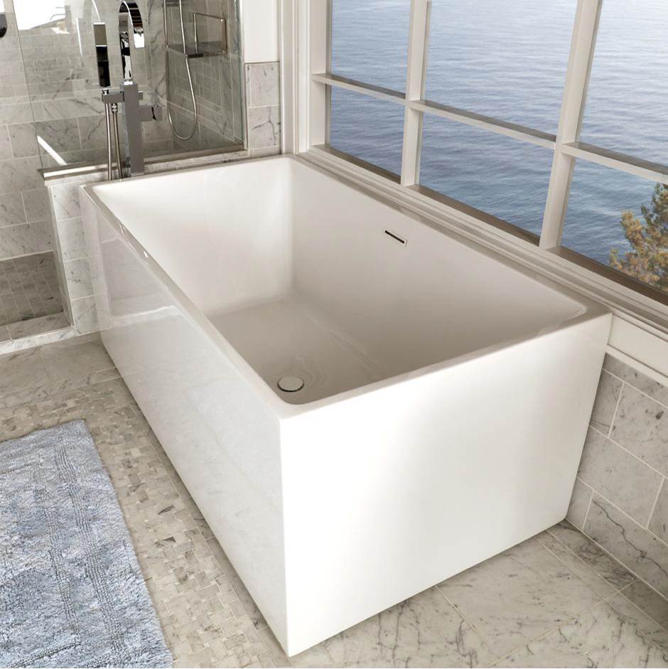 Lacava Free-standing soaking bathtub made of luster white acrylic with an overflow and polished chrome drain, net weight 110 lbs, water capacity 79 gal.