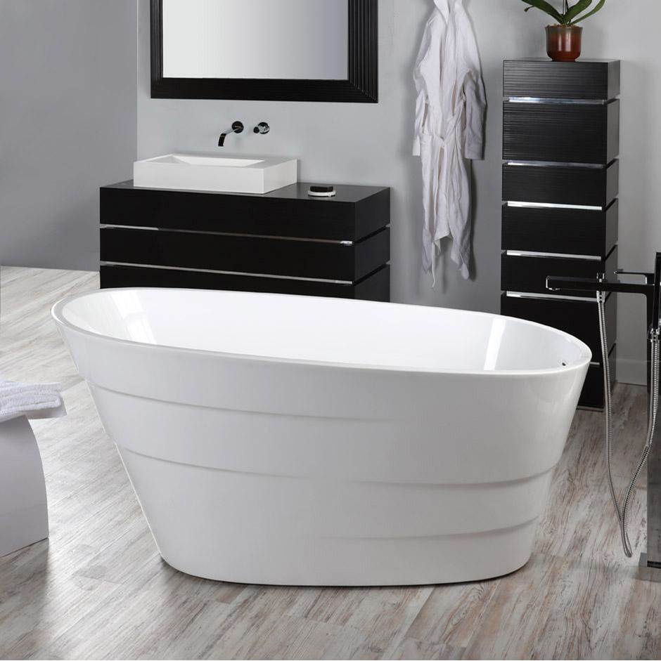 Lacava Free-standing soaking bathtub made of luster white acrylic with an overflow and polished chrome drain, net weight 88 lbs, water capacity 62 gal.