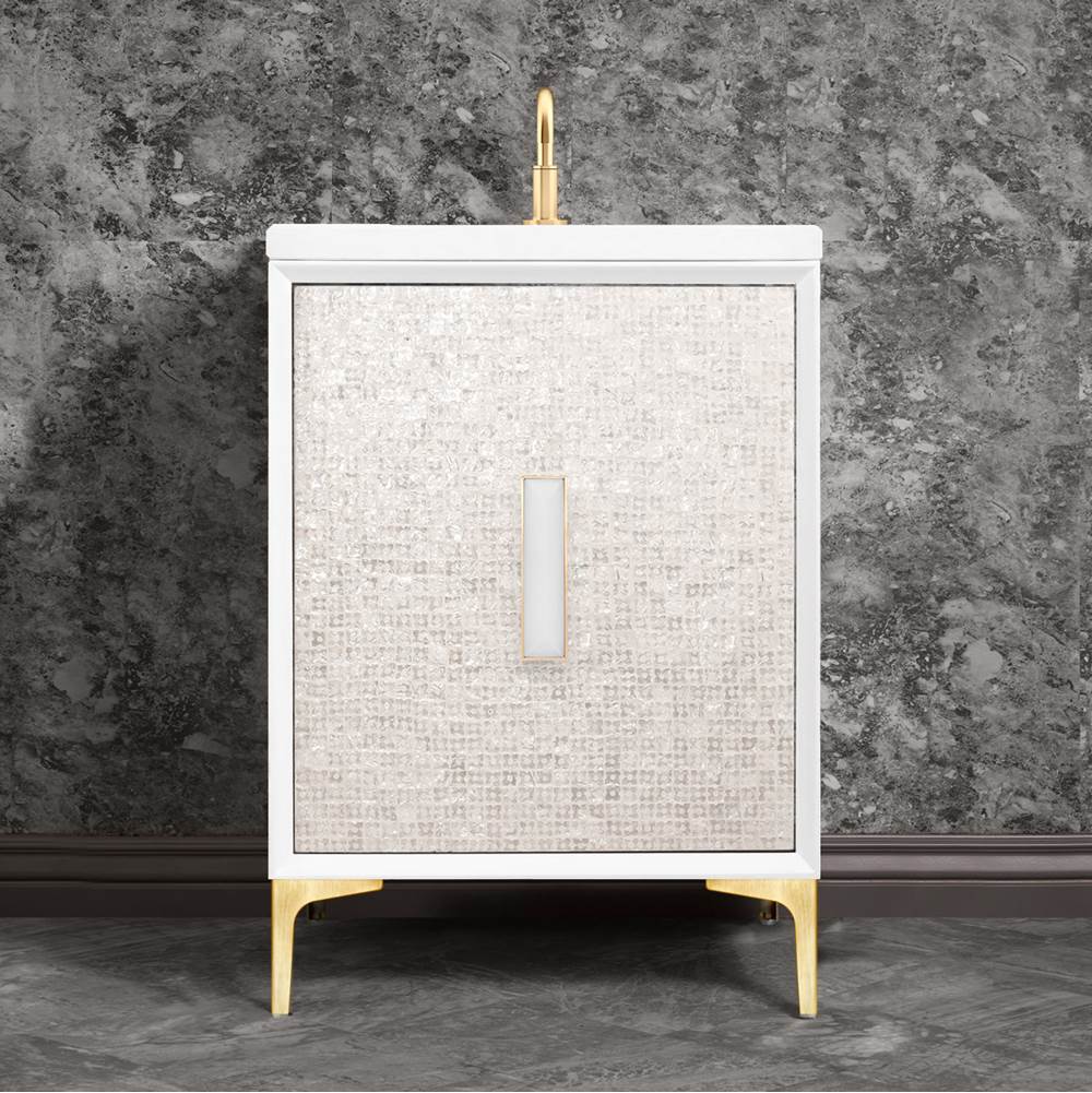 Linkasink MOTHER OF PEARL with 8'' Artisan Glass Prism Hardware 24'' Wide Vanity, White, Satin Brass Hardware, 24'' x 22'' x 33.5'' (without vanity top)