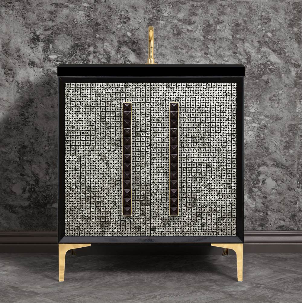 Linkasink MOTHER OF PEARL with 18'' Artisan Glass Pyramid Hardware 30'' Wide Vanity, Black, Polished Brass Hardware, 30'' x 22'' x 33.5'' (without vanity top)