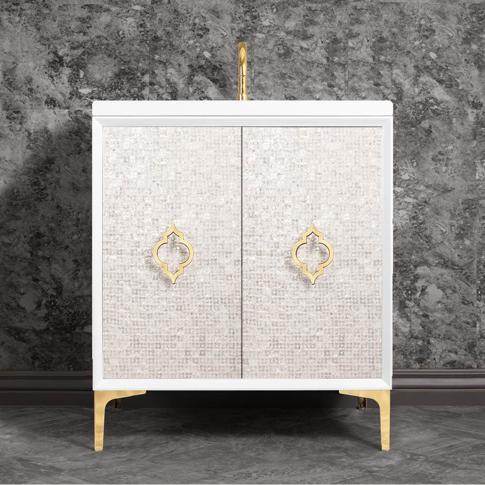 Linkasink Mother of Pearl 30'' Wide White Vanity with Polished Brass Arabesque Pull and Hardware