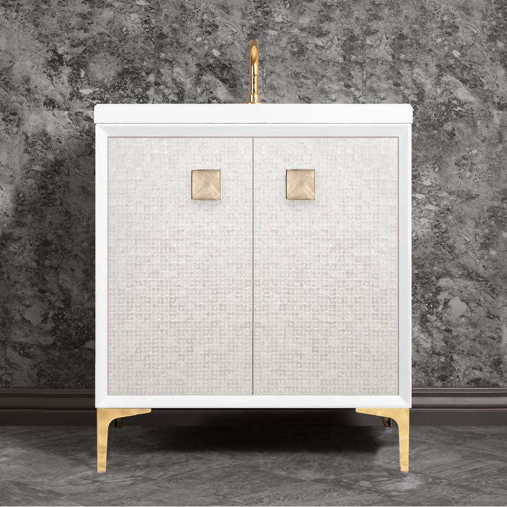 Linkasink MOTHER OF PEARL with 3'' Artisan Glass Prism Hardware 30'' Wide Vanity, White, Polished Brass Hardware, 30'' x 22'' x 33.5'' (without vanity top)