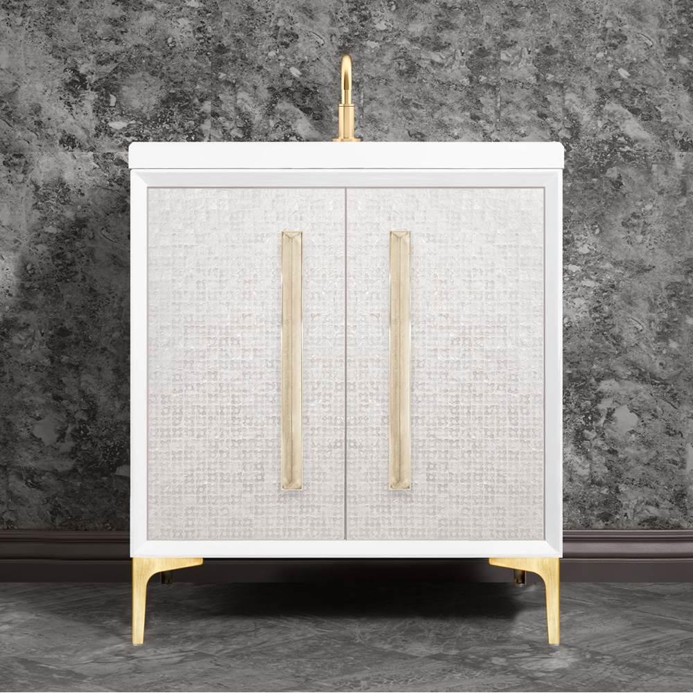Linkasink MOTHER OF PEARL with 18'' Artisan Glass Prism Hardware 30'' Wide Vanity, White, Satin Brass Hardware, 30'' x 22'' x 33.5'' (without vanity top)