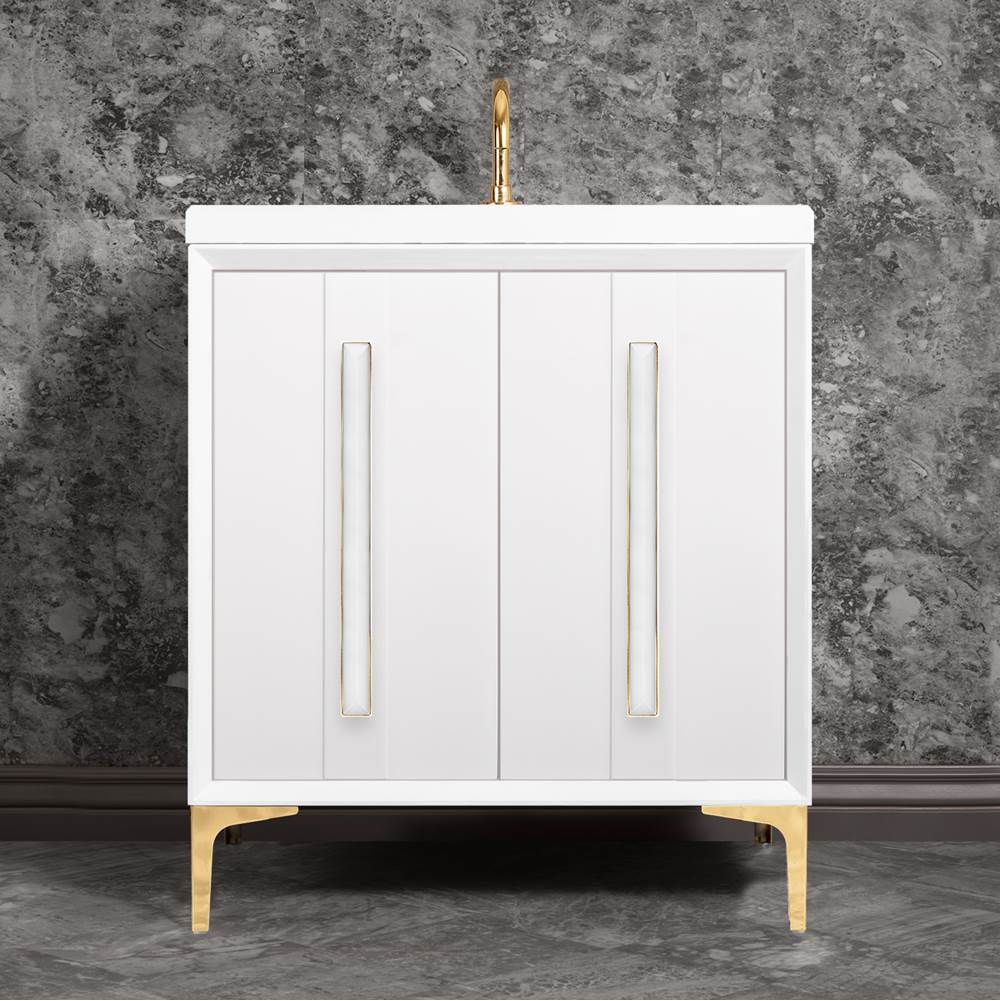Linkasink TUXEDO with 18'' Artisan Glass Prism Hardware 30'' Wide Vanity, White, Polished Brass Hardware, 30'' x 22'' x 33.5'' (without vanity top)