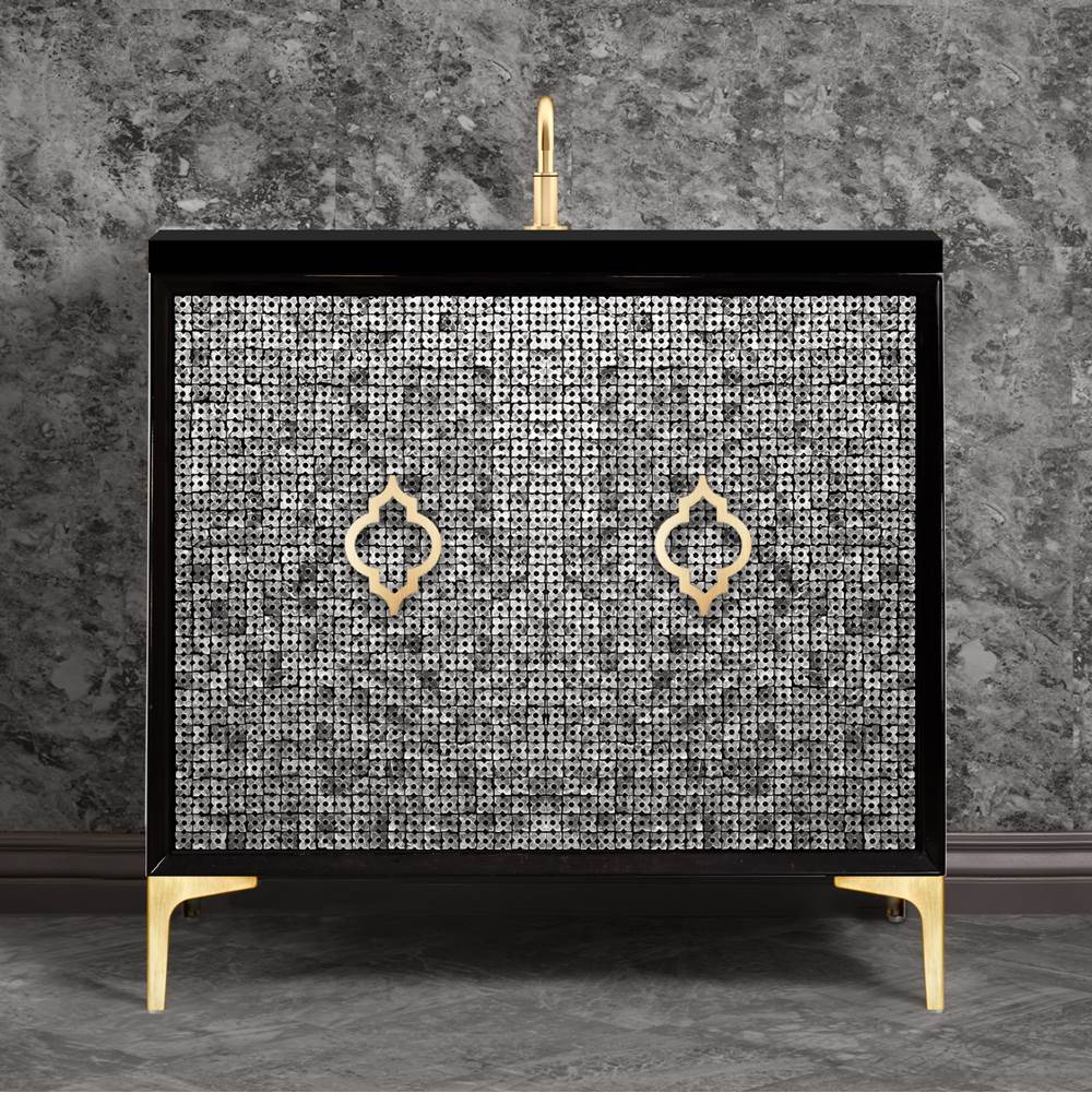 Linkasink Mother of Pearl 36'' Wide Black Vanity with Satin Brass Arabesque Pull and Hardware, 36'' x 22'' x 33.5'' (without vanity top)