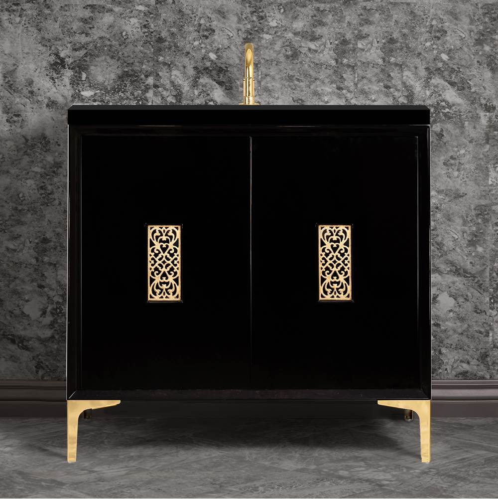 Linkasink Frame 36'' Wide Black Vanity with Polished Brass Filigree Grate and Legs, 36'' x 22'' x 33.5'' (without vanity top)