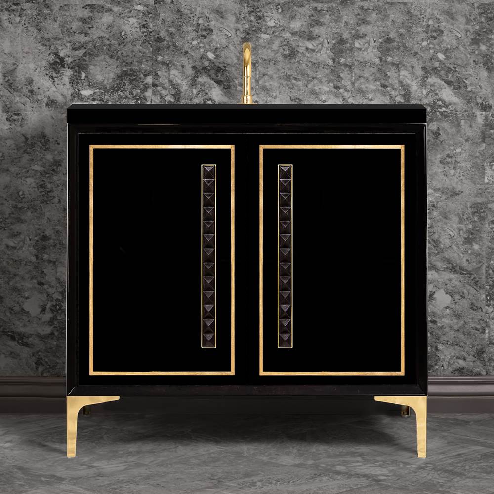 Linkasink LINEA with 18'' Artisan Glass Pyramid Hardware 36'' Wide Vanity, Black, Polished Brass Hardware, 36'' x 22'' x 33.5'' (without vanity top)