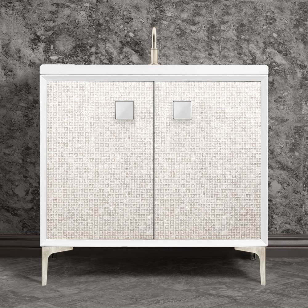 Linkasink MOTHER OF PEARL with 3'' Artisan Glass Prism Hardware 36'' Wide Vanity, White, Satin Nickel Hardware, 36'' x 22'' x 33.5'' (without vanity top)