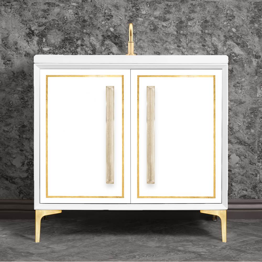 Linkasink LINEA with 18'' Artisan Glass Prism Hardware 36'' Wide Vanity, White, Satin Brass Hardware, 36'' x 22'' x 33.5'' (without vanity top)