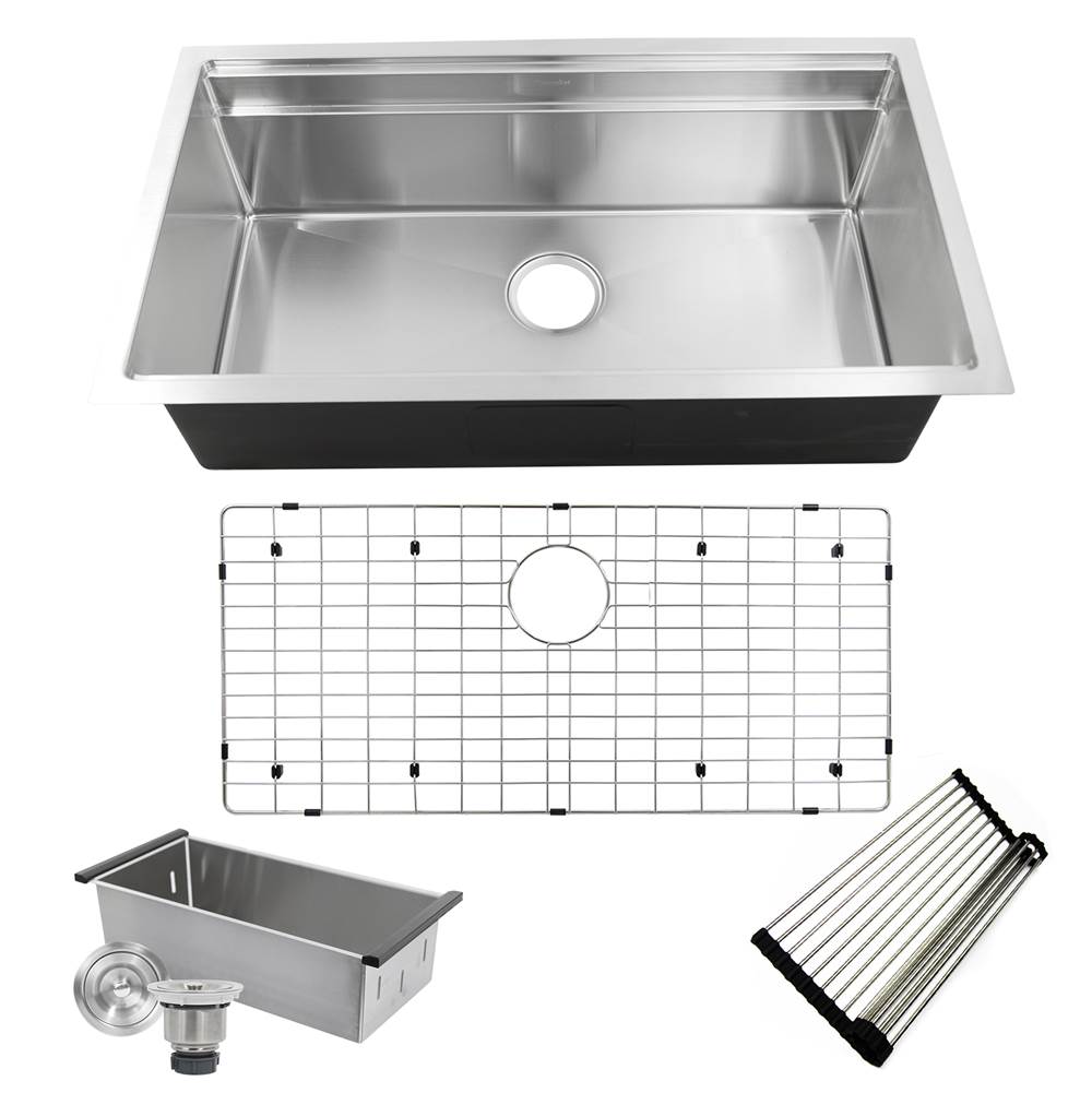 Nantucket Sinks 16 Gauge 304 Stainless Small Radius Rectangle Undermount Sink With Specially Designed Ledges. Includes Bottom Grid, Colander and RUM center drain