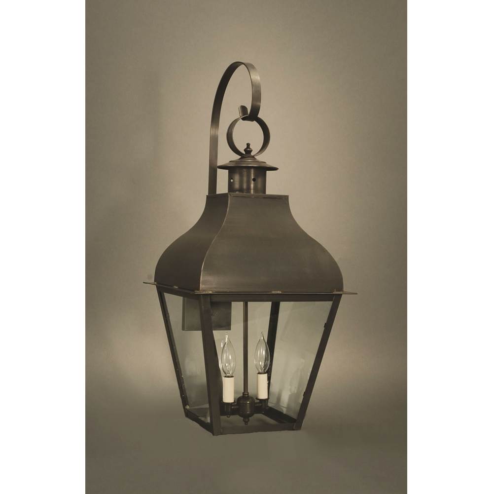 Northeast Lantern Curved Top Wall With Top Scroll Antique Copper 2 Candelabra Sockets Clear Glass