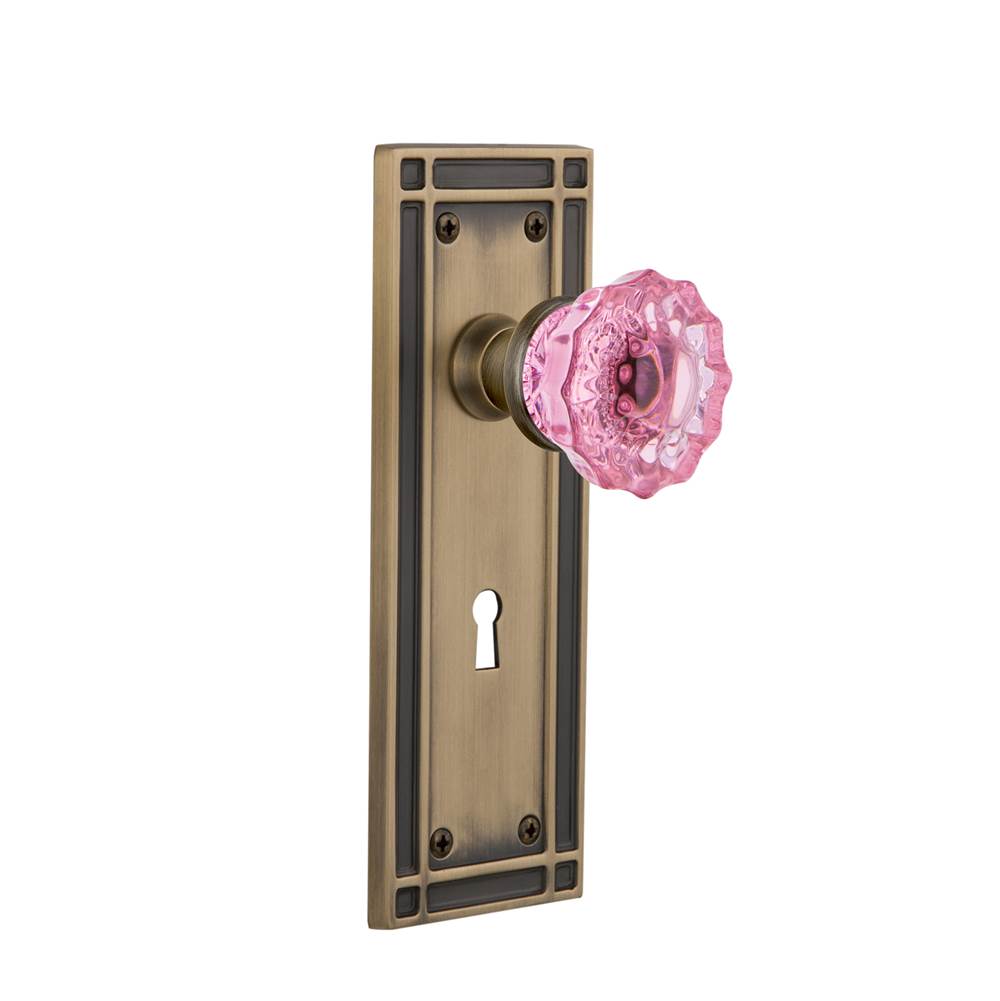 Nostalgic Warehouse Nostalgic Warehouse Mission Plate with Keyhole Passage Crystal Pink Glass Door Knob in Antique Brass