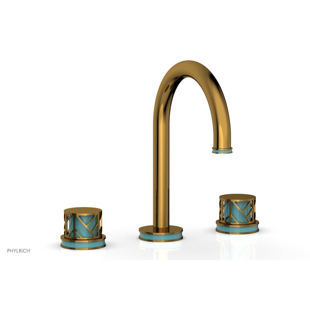 Phylrich Satin Gold Jolie Widespread Lavatory Faucet With Gooseneck Spout, Round Cutaway Handles, And Turquoise Accents - 1.2GPM